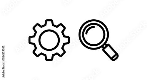 Business process and analysis icons: a gear representing settings or operations and a magnifying glass for search or investigation, symbolizing optimization and discovery.