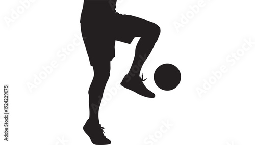 Footballer silhouette juggling soccer ball with raised leg, isolated on white background, minimal black cutout athlete training freestyle control and dribbling skill