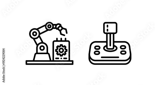 Industrial robot arm working on a machine with gears, alongside a vintage video game joystick, representing automation, manufacturing, and retro gaming technology.