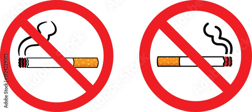 No smoking signs with cigarettes and red circles on white background