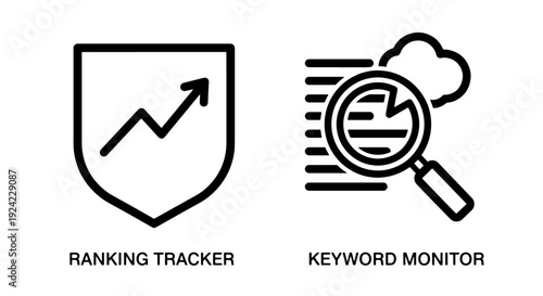 Shield icon with an upward trending graph representing ranking tracker, and a magnifying glass over horizontal lines and a cloud for keyword monitoring, indicating SEO success.