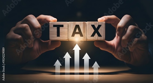 Hands holding wooden blocks with tax letters and white arrows pointing up on a table