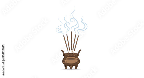 A bronze tripod incense burner with five sticks emitting swirling grey smoke trails stands on a white background.