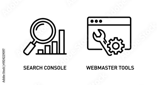 Digital marketing icons: magnifying glass for search, bar graph for analytics, and wrench with gear for webmaster tools, representing SEO and web strategy.