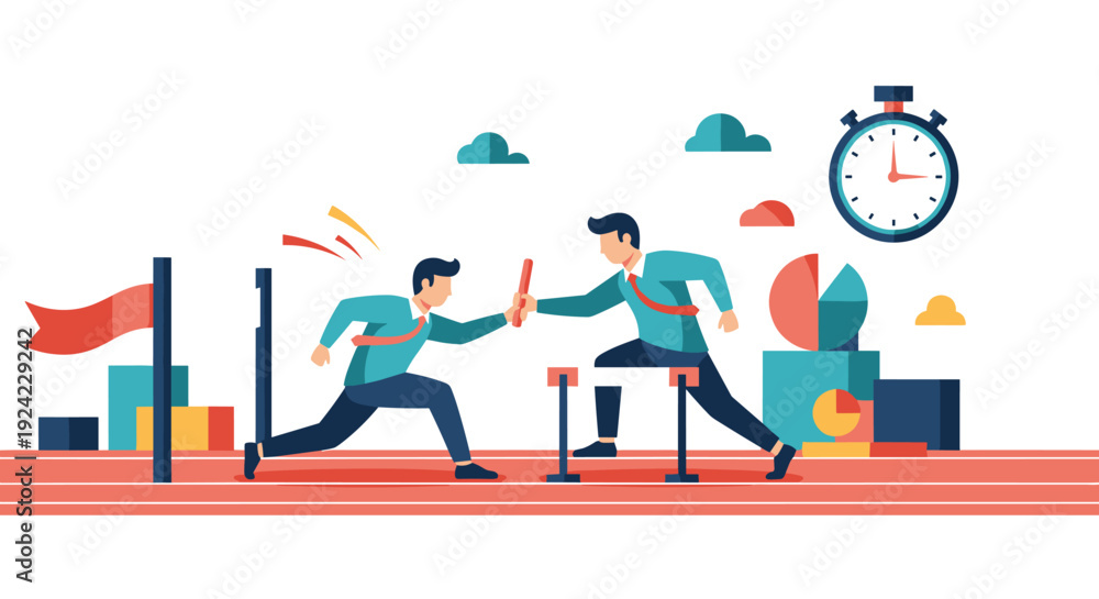Fototapeta premium Businessmen in a relay race pass the baton while overcoming hurdles, symbolizing teamwork, corporate succession, and collaboration.
