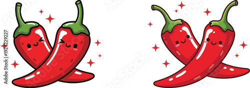 Two pairs of cute cartoon red chili peppers with smiling faces and green stems