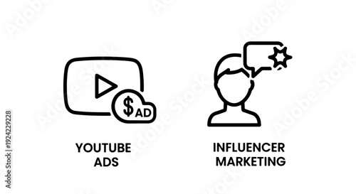 YouTube ads icon with dollar sign and influencer marketing profile with speech bubble, representing online advertising and social media promotion