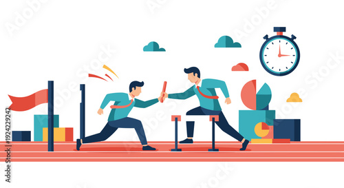 Businessmen in a relay race pass the baton while overcoming hurdles, symbolizing teamwork, corporate succession, and collaboration.