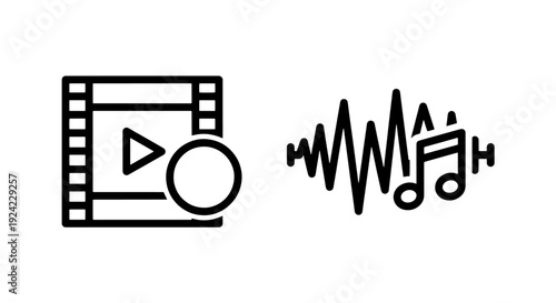 Video film strip with play button icon and audio waveform with musical notes, representing multimedia content creation and sound design.