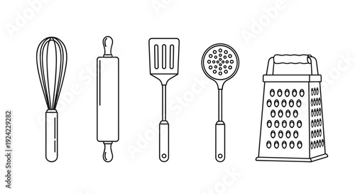 Collection of kitchen utensils including whisk, rolling pin, spatula, skimmer and grater vector