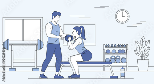 Line art illustration of a dedicated male personal trainer assisting a woman with her form as she performs a dumbbell squat on a workout bench in a modern gym.