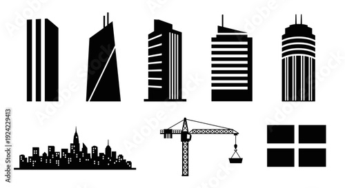 Collection of modern building silhouettes and construction crane in city