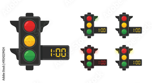 Four traffic lights displaying different signals and digital clock displays
