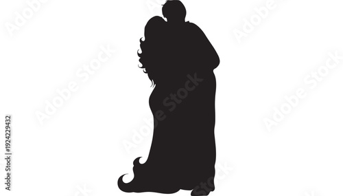 Couple hugging silhouette with romantic embrace, man and woman standing together, intimate love pose, wedding or engagement concept, isolated black shape on white