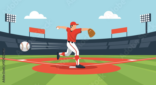 Baseball pitcher in a red uniform throws a fast pitch from the mound during a game in a large, sunny stadium with green grass and empty spectator stands.