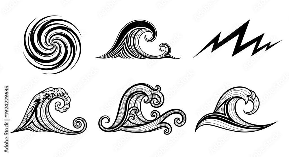 Fototapeta premium Collection of stylized abstract waves and a sharp zigzag line graphic