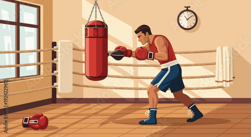 Male boxer in a red tank top and blue shorts trains intensely in a vintage-style gym, punching a heavy bag and speed bag inside a boxing ring.