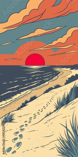 Vibrant sunset over a sandy beach with footprints and ocean waves crashing