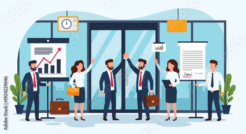 Corporate employees celebrate a major business achievement with a high-five in front of glass doors while colleagues applaud their success.