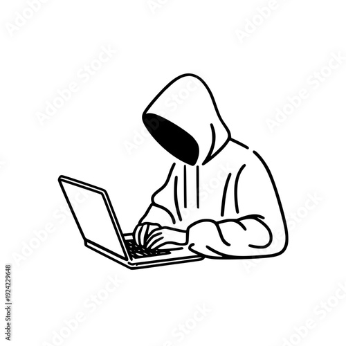 Cyber Enigma: A hooded figure, shrouded in mystery, focuses intently on a laptop, symbolizing digital privacy and the potential for technological intrigue.