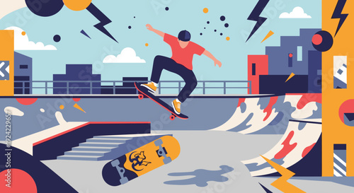 Young skateboarder in mid-air performs an extreme trick at a vibrant, modern skatepark with abstract geometric shapes and ramps.