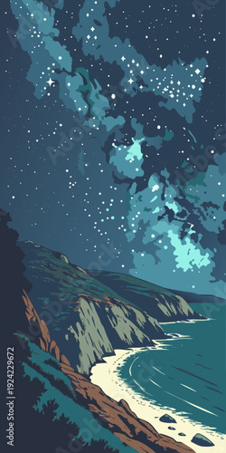 Stunning nighttime coastal landscape with starry sky and glowing milky way galaxy