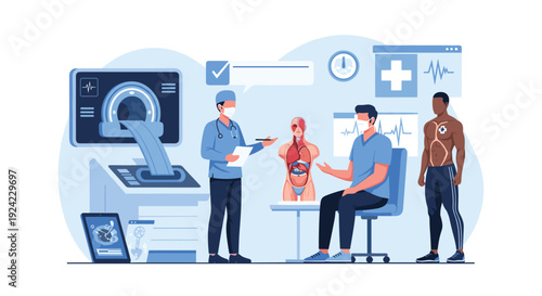 Medical professional discusses a patient's health diagnosis using an MRI scanner and digital anatomy models in a futuristic clinical setting.