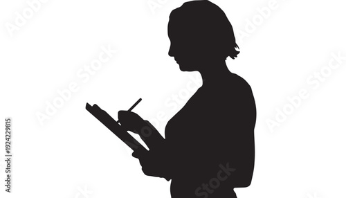 Silhouette woman writing on clipboard with pen in hand, side profile isolated on white background, minimal flat graphic for survey, inspection, notes, checklist concept
