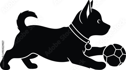 Playful Dog with Ball Silhouette Illustration Showing Pet Playing Activity Animal Fun Domestic Puppy Lifestyle Concept Vector Design