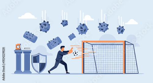 Businessman defends a soccer goal from falling viruses and obstacles, a metaphor for overcoming challenges and protecting business assets.