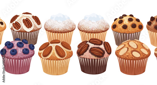 A horizontal row of diverse illustrated muffins with blueberry, pecan, almond, and chocolate chip toppings is shown on a white background.