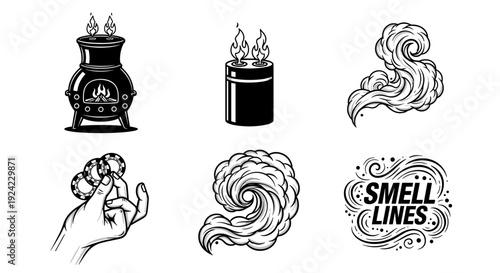 Collection of symbols representing smell smoke fire and gambling chips for concept illustrations