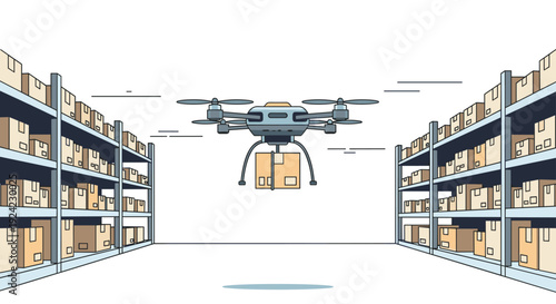 A multi-rotor delivery drone carries a cardboard package through a warehouse aisle flanked by tall storage shelves in a flat illustration.