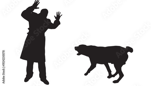 Man silhouette attacked by dog with aggressive posture and defensive stance featuring attack, fear, danger with threat and canine elements for animal, human projects, clean composition on simple