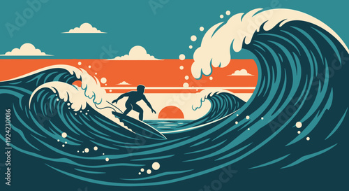 Silhouette of a lone surfer skillfully riding a large, cresting ocean wave on a surfboard during a vibrant orange sunset in a retro, stylized vector illustration.