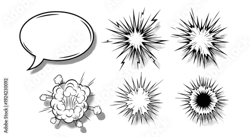 Comic speech bubble and explosion burst set for pop art design with manga style action splash effect elements