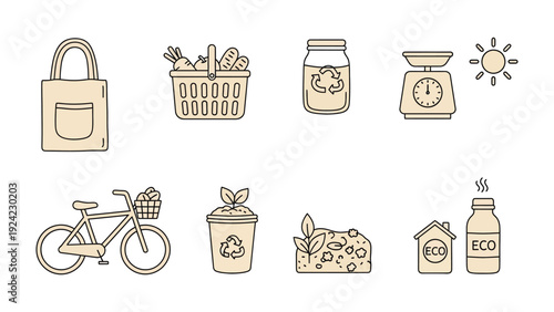 Sustainable Living Illustration: An illustration showcasing essential eco-friendly items, promoting sustainable living and environmental awareness. Featuring reusable bag.