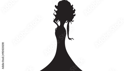 Woman elegant silhouette in long evening gown with curly hair, fashion model pose, black cutout icon isolated on white background for beauty and style design