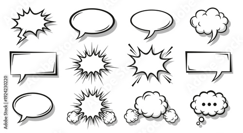 Comic speech bubbles set with various shapes for chat and dialogue in retro pop art style with drop shadow