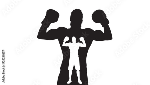 Men flexing muscles silhouette with boxing stance and strong arms featuring fitness, athletic, bodybuilder with muscular and masculine elements for power, strength projects, clean composition on