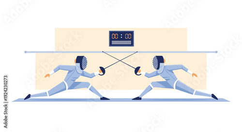 Two fencers in full protective gear and masks engage in a duel with foils, with a digital scoreboard in the background.