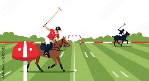 Polo player wearing a red jersey and helmet rides a horse at full gallop while swinging a mallet to hit the ball during a competitive match on a grass field.