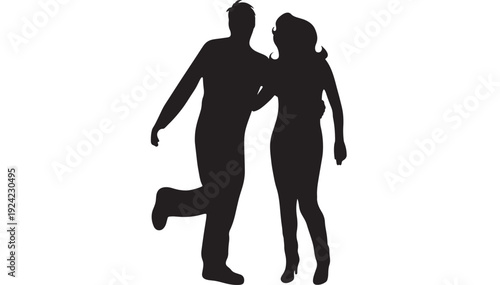 Couple silhouette walking together in romantic pose, man and woman full body black shape isolated on white background, love relationship concept for design