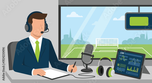 Professional sports commentator with headphones and a microphone provides live play-by-play analysis from a broadcast booth overlooking a soccer stadium field.