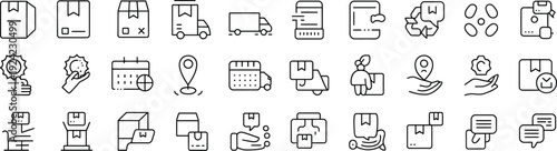 A comprehensive collection of clean vector line icons illustrating modern delivery, e-commerce, and logistics concepts for digital projects and business solutions
