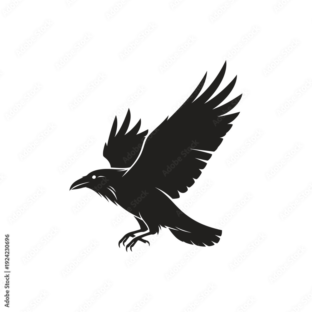 Obraz premium Black raven soaring against a white background for design and illustration