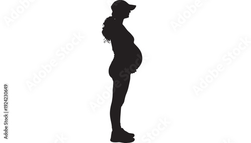 Woman pregnant silhouette in side profile wearing cap, standing pose with baby bump, isolated on white background, minimal black cutout figure concept