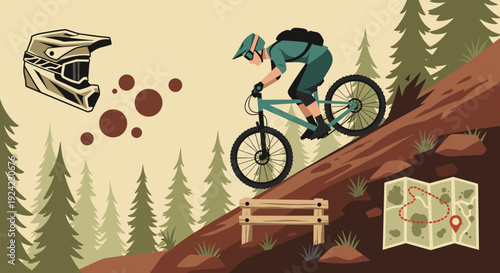 Mountain biker wearing a helmet and backpack races down a steep dirt trail in a pine forest, with a trail map and a wooden jump ramp nearby.