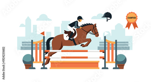 Equestrian rider and her horse gracefully leap over an obstacle during a show jumping competition with a city skyline in the background.