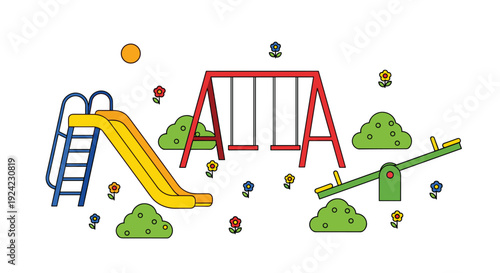 A colorful flat vector illustration of a children's playground featuring a yellow slide red swing set and green seesaw surrounded by flowers.